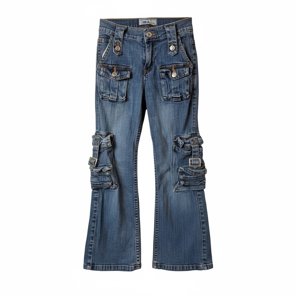 VTG SWAK Cargo Jeans 90s Y2K Utility Multi Pocket Buckle Girls SZ 6X Streetwear‎